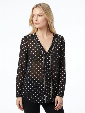 Dynamite Black Sheer Polka Dot V-Neck Blouse